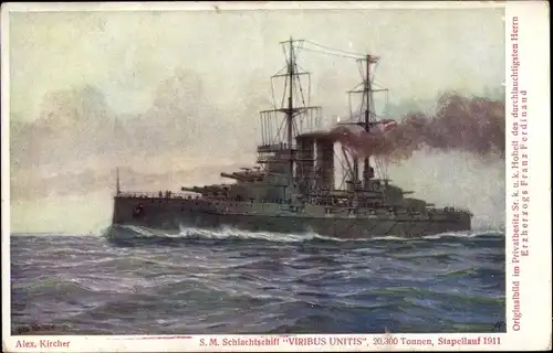 Künstler Ak Kircher, Alex, Österreichisches Kriegsschiff, SMS Viribus Unitis, Schlachtschiff