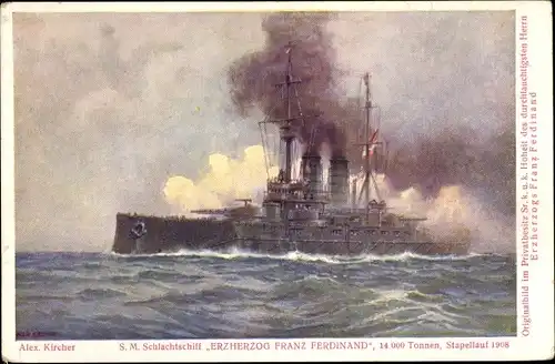 Künstler Ak Kircher, Alex, Österreichisches Kriegsschiff, Erzherzog Franz Ferdinand, Schlachtschiff