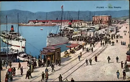 Ak Rijeka Fiume Kroatien, Riva Szapary, Hafenpartie, Dampfer