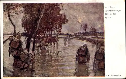 Künstler Ak Anders, P. M., Ypres Ypern Flandern, Deutsche Soldaten im Überschwemmungsgebiet