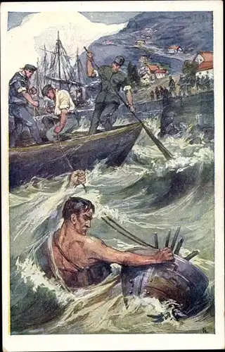 Künstler Ak KuK Kriegsmarine, Bergung einer Seemine, Seeleute