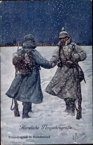 Künstler Ak Feiertag, Karl, Glückwunsch Neujahr, Freundesgruß in Feindesland, Waffenbrüder