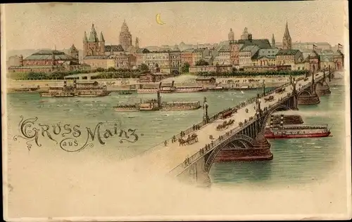 Litho Mainz am Rhein, Panorama, Brücke, Rheinpartie