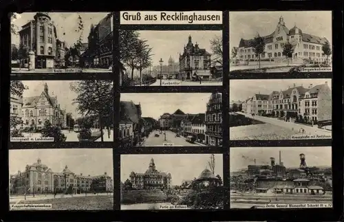 Ak Recklinghausen im Ruhrgebiet, Zeche, Markt, Bergwerksdirektion, Knappschaftskrankenhaus
