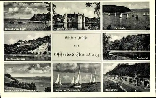 Ak Glücksburg an der Ostsee, Quellental, Yachthafen, Förde, Rosenterrasse, Schloss