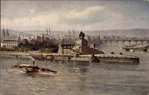 Künstler Ak Astudin, Koblenz am Rhein, Deutsches Eck, Kaiser Wilhelm Denkmal