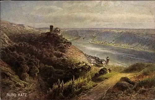 Künstler Ak Astudin, N., St Goarshausen, Burg Katz, Blick ins Tal, Rhein