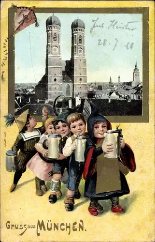 Passepartout Ak München Bayern, Frauenkirche, Münchner Kindl mit Maßkrügen, Flugdrachen