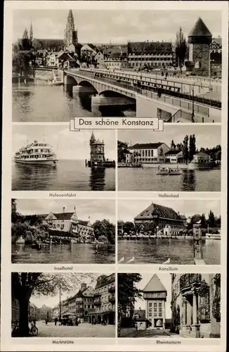 Ak Konstanz am Bodensee, Inselhotel, Hafeneinfahrt, Hallenbad, Rheintorturm, Konzilium