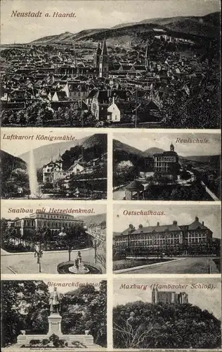 Ak Neustadt an der Haardt, Königsmühle, Realschule, Saalbau, Bismarckdenkmal, Hambacher Schloss
