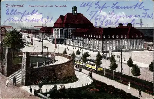 Ak Dortmund im Ruhrgebiet, Hauptbahnhof mit Freistuhl, Straßenseite