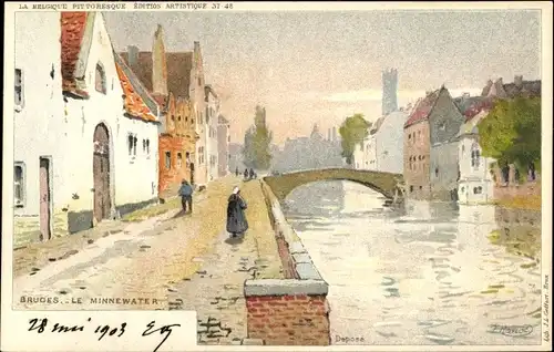 Künstler Litho Ranot, F., Bruges Brügge Flandern Westflandern, Le Minnewater