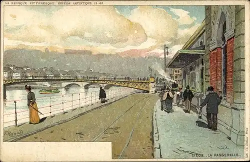 Künstler Ak Ranot, F., Liège Lüttich Wallonien, La Passerelle, piétons, voies ferrées, rivière, pont