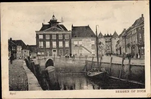 Ak Bergen op Zoom Nordbrabant Niederlande, Ortsansicht, Fluss, Brücke, Häuser, Boot