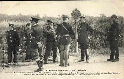 Ak Mars la Tour Lothringen Meurthe et Moselle, Deutsch-französische Grenze, Soldaten in Uniformen