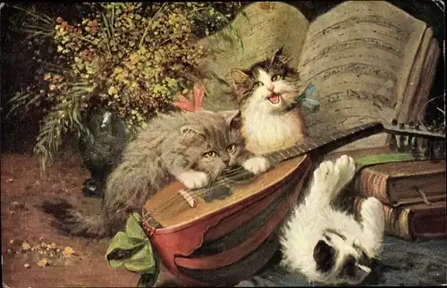 Künstler Ak Huber, L., Les Melomanes, Katzen mit Mandoline