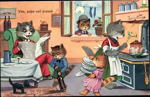 Ak Vite, papa est pressé, Katzenfamilie bereitet das Abendessen vor