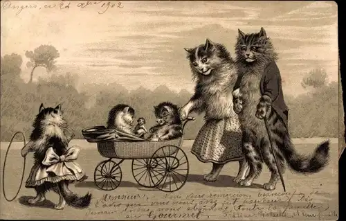 Präge Litho Vermenschlichte Katzen, Familie, Kinderwagen, Reifen