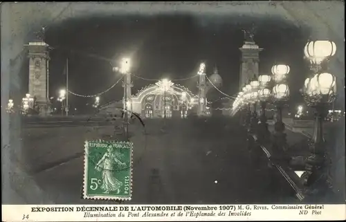 Ak Paris VIII, Exposition décennale de l'Automobile, Nov.1907, Illumination de Pont Alexandre