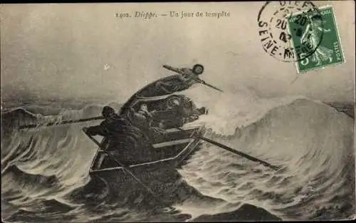 Ak Dieppe Seine Maritime, un jour de tempête, Boot im Sturm