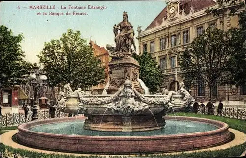 Ak Marseille Bouches du Rhône, Fontaine Estrangin, Banque de France