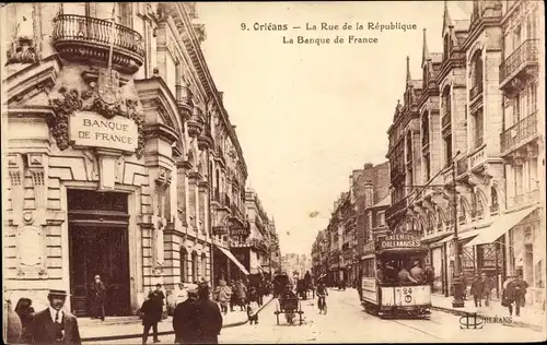 Ak Orléans Loiret, Rue de la République, Banque de France, Tramway 24