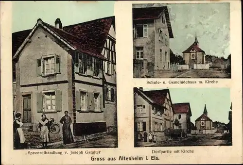 Ak Altenheim Elsass Bas Rhin, Dorfpartie, Kirche, Schule- und Gemeindehaus, Spezereihandlung