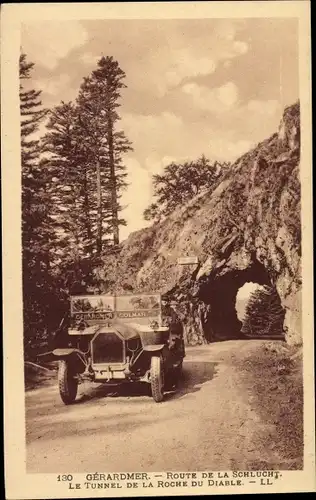 Ak Gérardmer Lothringen Vosges, Route de la Schlucht, Tunnel de la Roche du Diable, Automobil