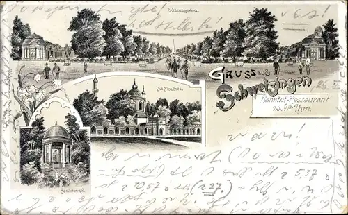 Litho Schwetzingen in Baden, Bahnhofrestaurant, Moschee, Apollotempel, Schlossgarten