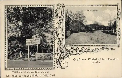 Ak Zühlsdorf Mühlenbecker Land Oberhavel, Dorfstraße, 800jährige Linde, Gasthof zur Riesenlinde