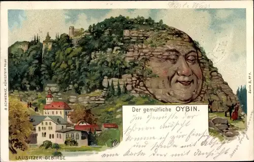 Litho Oybin in Sachsen, Ort mit Berg, lächelndes Gesicht im Berg