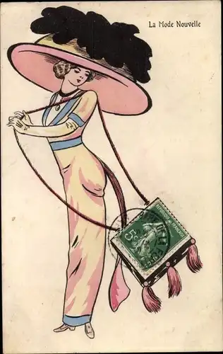 Ak Frau mit riesigem Hut, Handtasche, La Mode Nouvelle