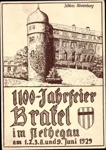 Künstler Ak Brakel in Westfalen, Schloss Hinnenburg, 1100 Jahrfeier 1929