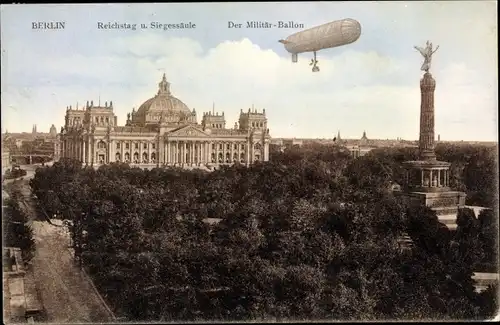 Ak Berlin Tiergarten, Reichstag, Siegessäule, Militär Ballon