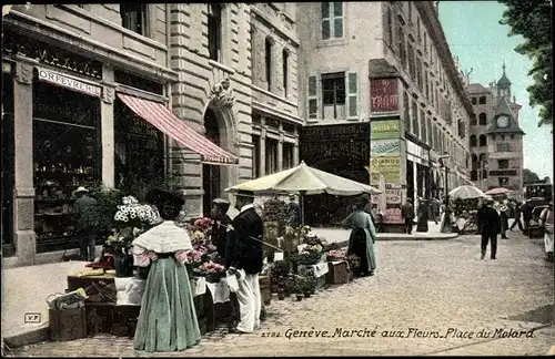Ak Genève Genf Stadt, Marche aux Fleurs, Place du Molard, Geschäft mit Blumenstand