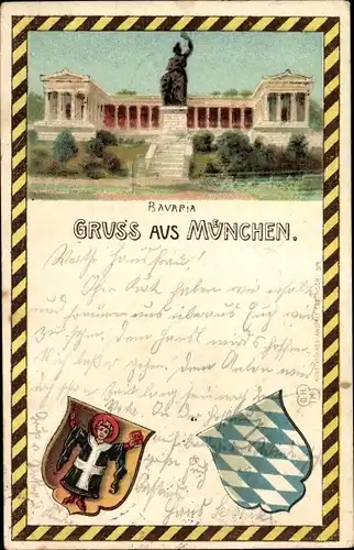Wappen Litho München Bayern, Blick auf die Bavaria, Ruhmeshalle