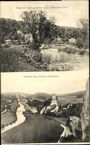 Ak Inzigkofen Kreis Sigmaringen, Donaubrücke, Ruine Dietfurt