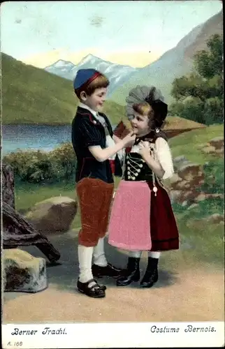 Stoff Ak Kanton Bern Schweiz, Kinder in Berner Volkstracht, Costume Bernois