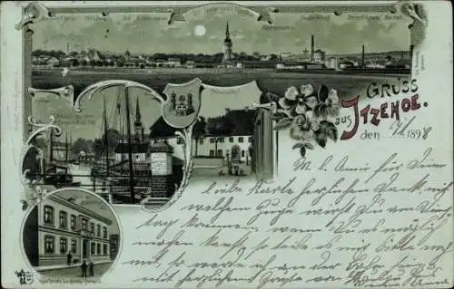 Mondschein Litho Itzehoe in Holstein, Gesamtansicht, lange Brücke, Prinzesshof, Klosterhof