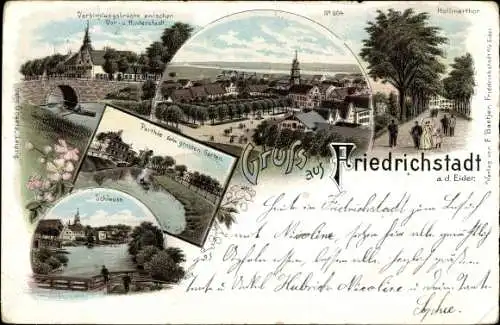 Litho Friedrichstadt an der Eider Nordfriesland, Schleuse, Verbindungsbrücke, Holtmartor, Panorama