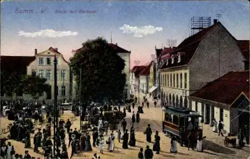 Ak Hamm in Westfalen, Markt mit Rathaus und Straßenbahn