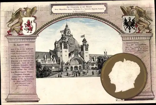 Präge Wappen Passepartout Ak Düsseldorf am Rhein, Kaiserpaar Besuch zur Industrie Ausstellung 1902