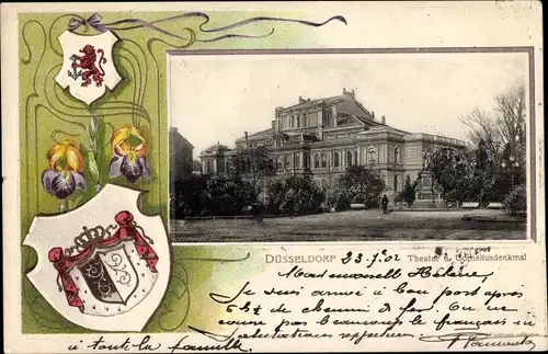 Präge Wappen Passepartout Ak Düsseldorf am Rhein, Theater und Corneliusdenkmal