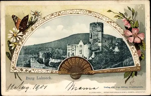 Präge Passepartout Ak Oberlahnstein Lahnstein am Rhein, Burg Lahneck, Fächer, Schmetterling