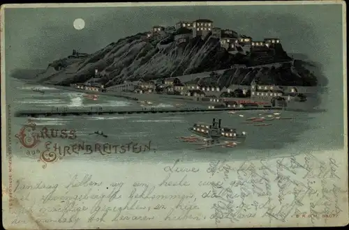Mondschein Litho Ehrenbreitstein Koblenz am Rhein, Blick auf den Ort und die Festung