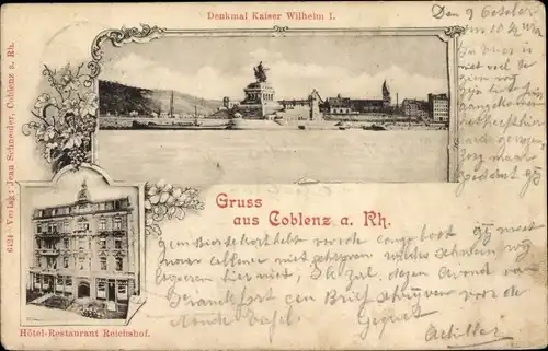 Ak Koblenz am Rhein, Denkmal Kaiser Wilhelm I, Hotel Restaurant Reichshof, Deutsches Eck