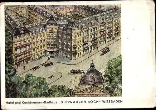 Ak Wiesbaden in Hessen, Hotel und Kochbrunnen Badhaus Schwarzer Bock, Bes. Th. Schäfer