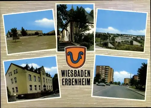 Ak Erbenheim Wiesbaden in Hessen, Teilansicht, Hochhaussiedlung, Rathaus, Kirche, Wappen