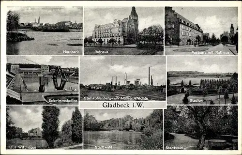 Ak Gladbeck in Westfalen, Steinkohlenbergwerk Müller Schächte, Rathaus, Postamt, Stadtwald, Nordpark