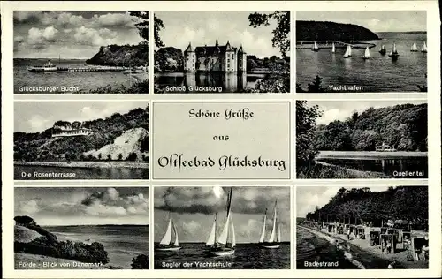 Ak Glücksburg an der Ostsee, Quellental, Yachthafen, Förde, Rosenterrasse, Schloss